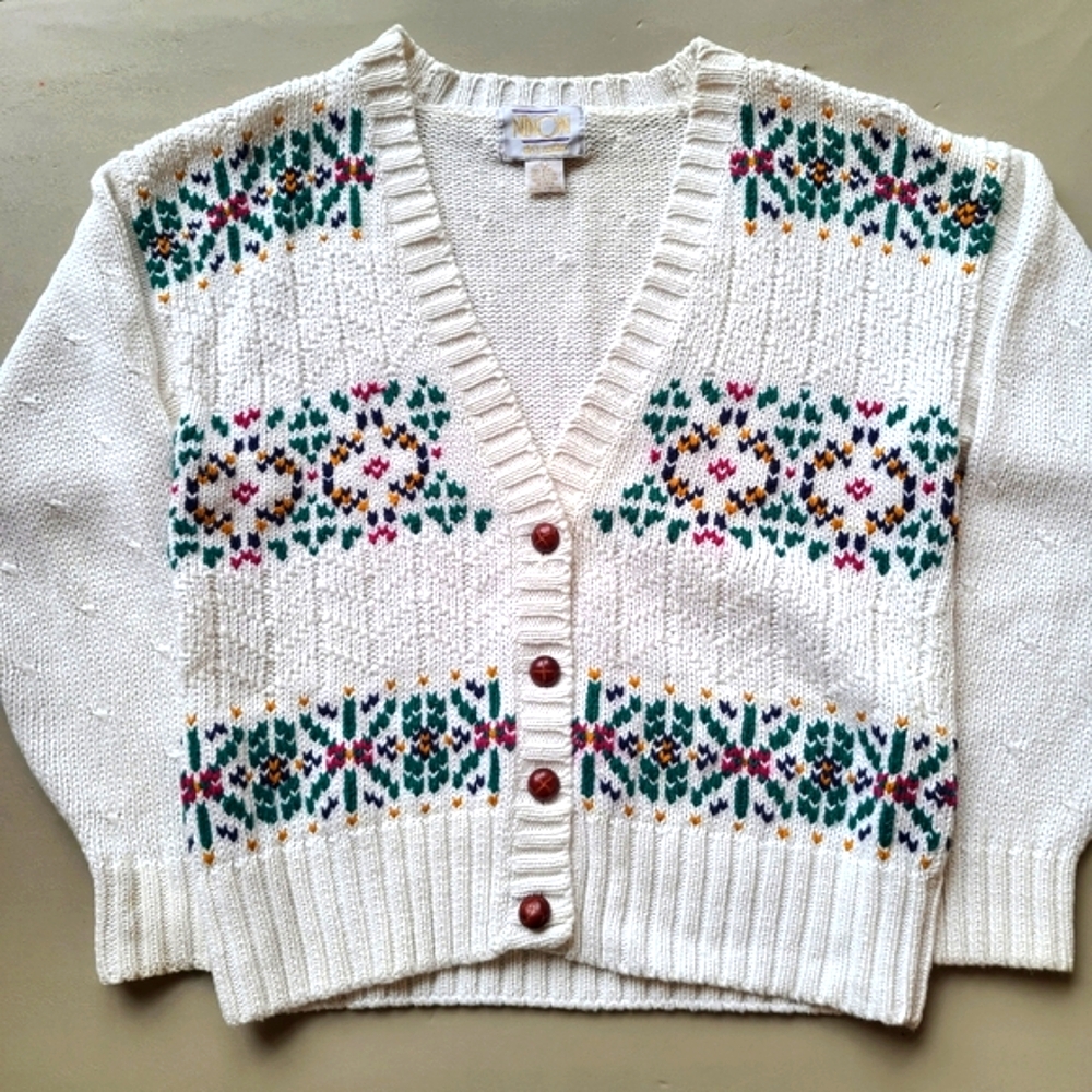 Ninon de Lenclos Cardigan Sweater Large Chunky Grandmacore Fair Isle Knit